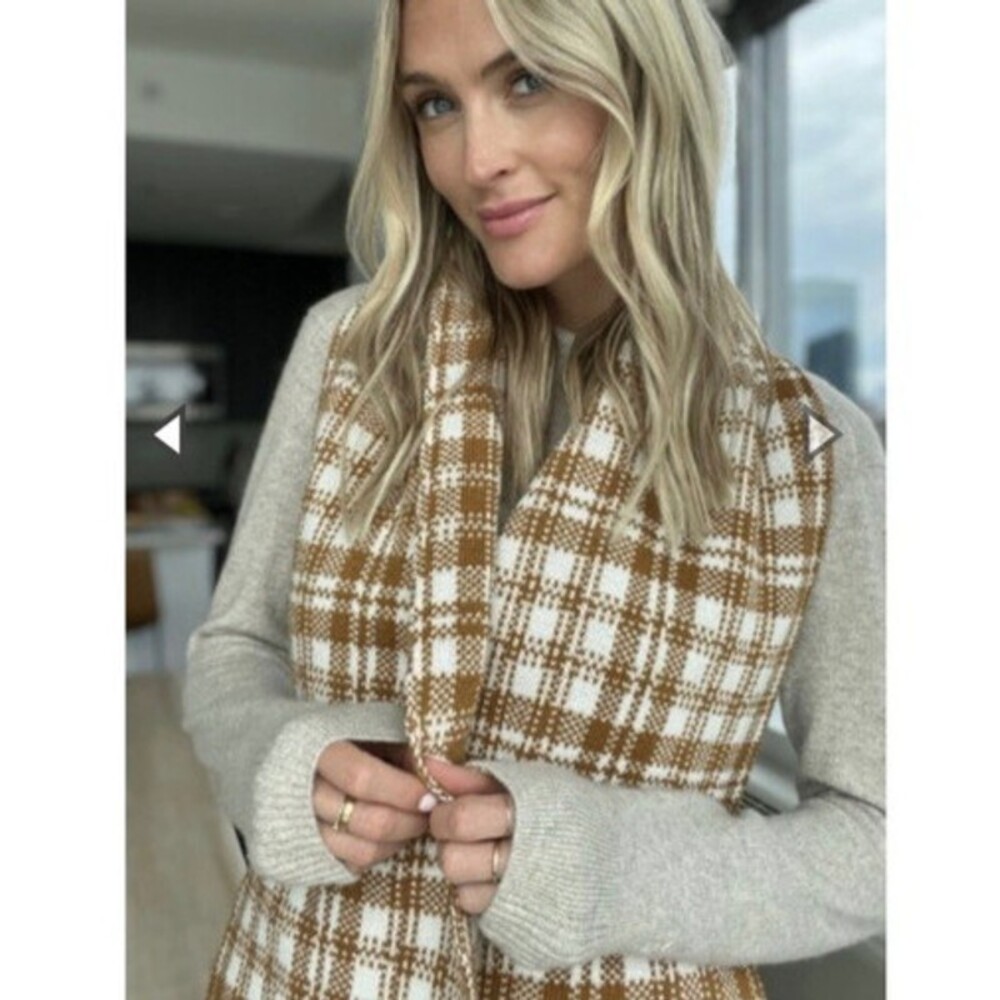 NWT Timberland Buffalo Plaid Scarf Caramel Cream Plaid Knit 65"X 10"